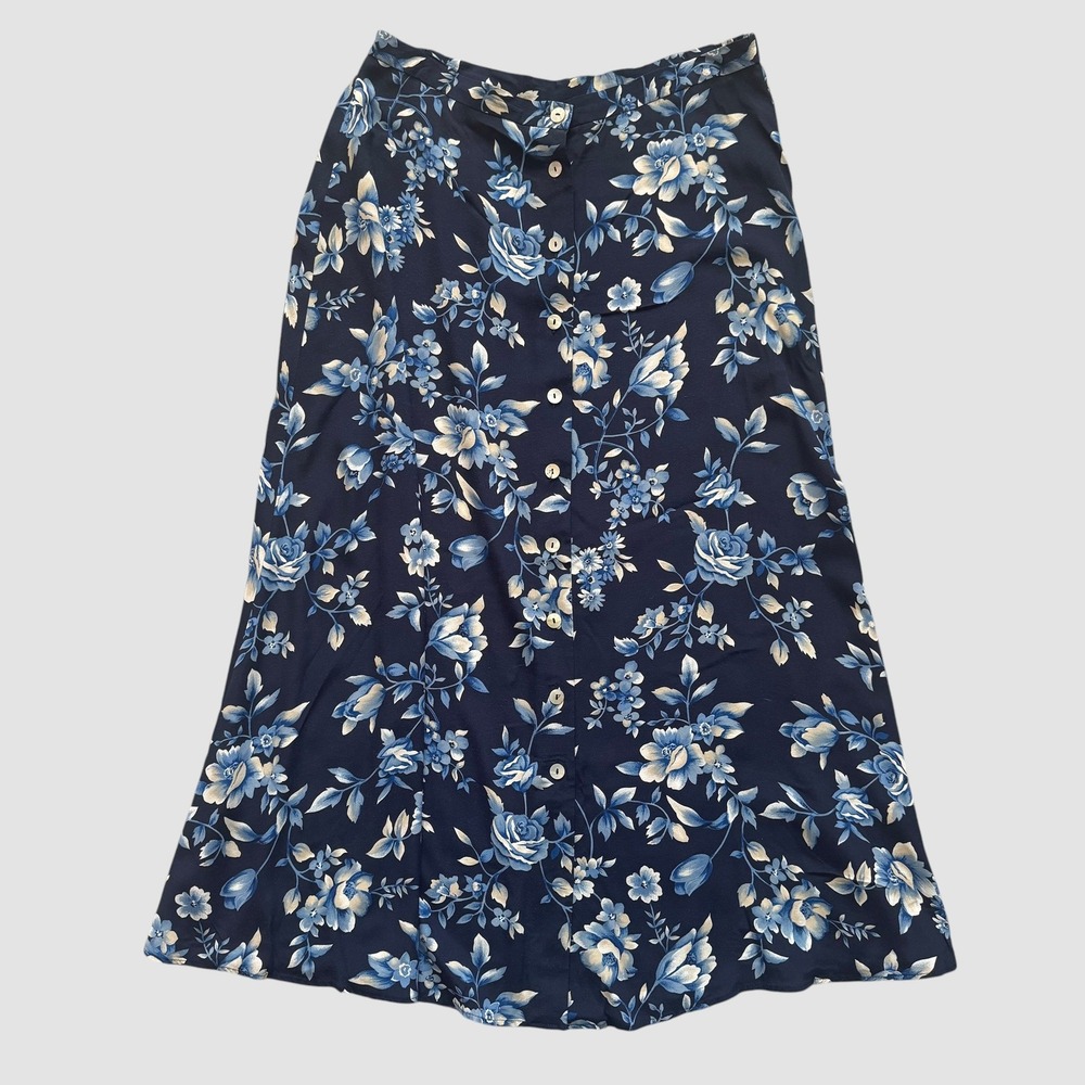 Worthington Vintage 90s Navy Blue Floral Button Front Maxi Skirt Sz 14